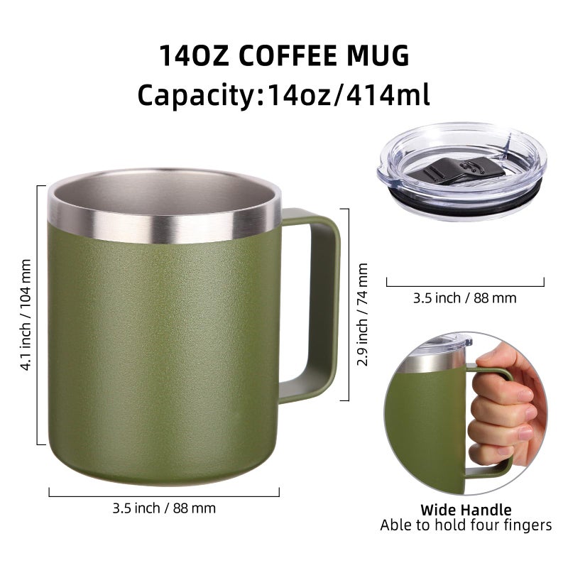 Volhoply 14oz Insulated Stainless Steel Coffee Mug with Leakproof Lid Double Wall Vacuum Travel Coffee Cup with Handle Reusable Cups Tumbler Camping Mugs Keep Hot Ideal Gifts(Army Green 1) - Image 2